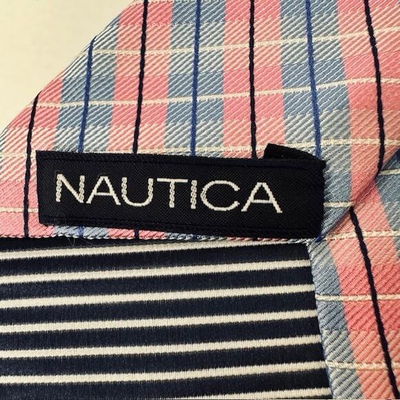 NAUTICA Men's 100% Silk Classic Necktie Designer Plaid/Check Pink/Blue EUC - Picture 3 of 10